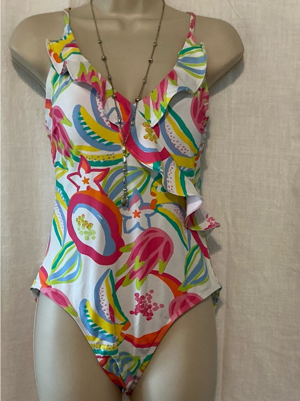 Tropical Ruffle One-Piece Swimsuit — White with Pink, Blue & Yellow